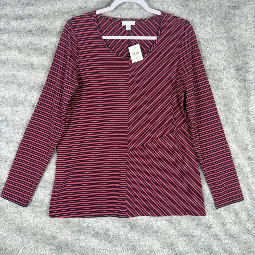 J Jill Size-M Womens Sweater Top Striped Black Pink Long Sleeves Knit